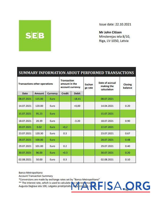 Blank Latvia SEB bank statement word example